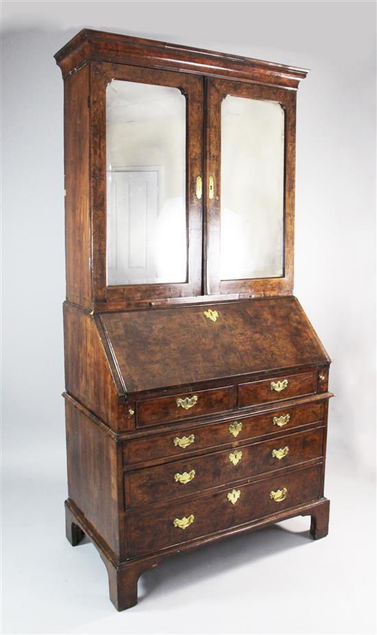 A George I burr walnut bureau bookcase, W.3ft 5in. D.2ft H.6ft 10in.